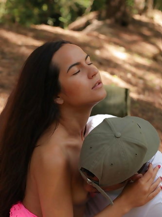 Teen with tiny boobs Monica Brown tastes a brown boner before sex in the woods