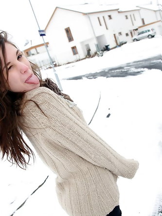 Barely legal girl plays in the snow before sex indoors in the bathroom