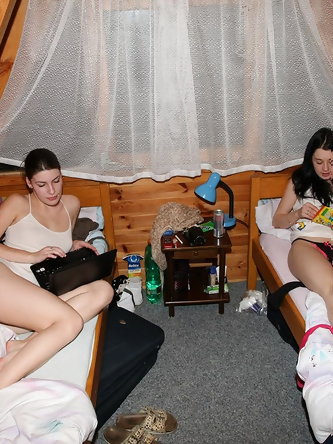 Brunette teens enjoy toilet pussy licking & fingering in lesbian sleepover